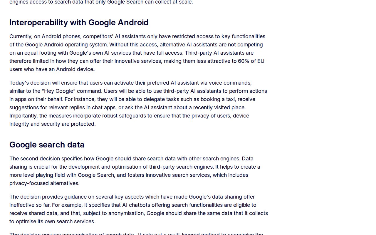 Page de la Commission européenne du 16 juillet 2026 : interopérabilité d'Android avec les assistants IA concurrents et partage des données de Google Search