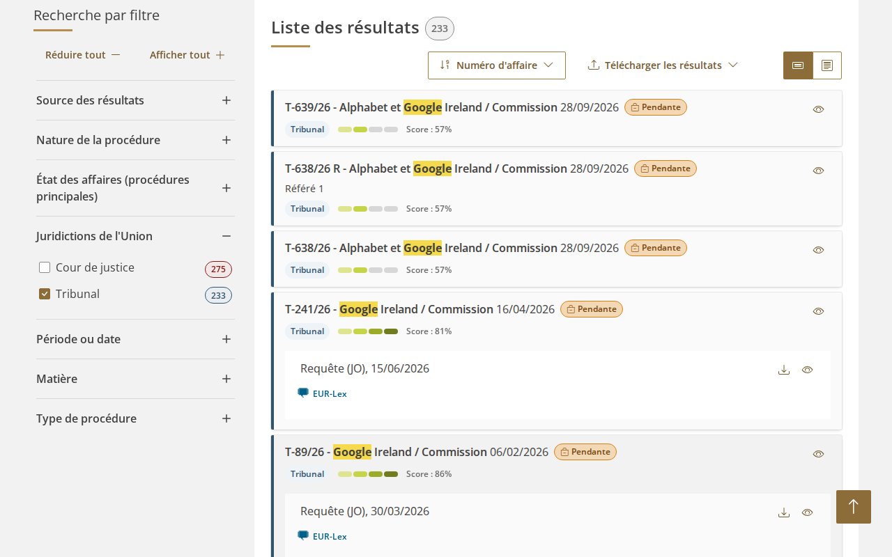 Registre InfoCuria : affaires T-639/26, T-638/26 R (référé) et T-638/26, Alphabet et Google Ireland contre Commission, introduites le 28 septembre 2026, pendantes