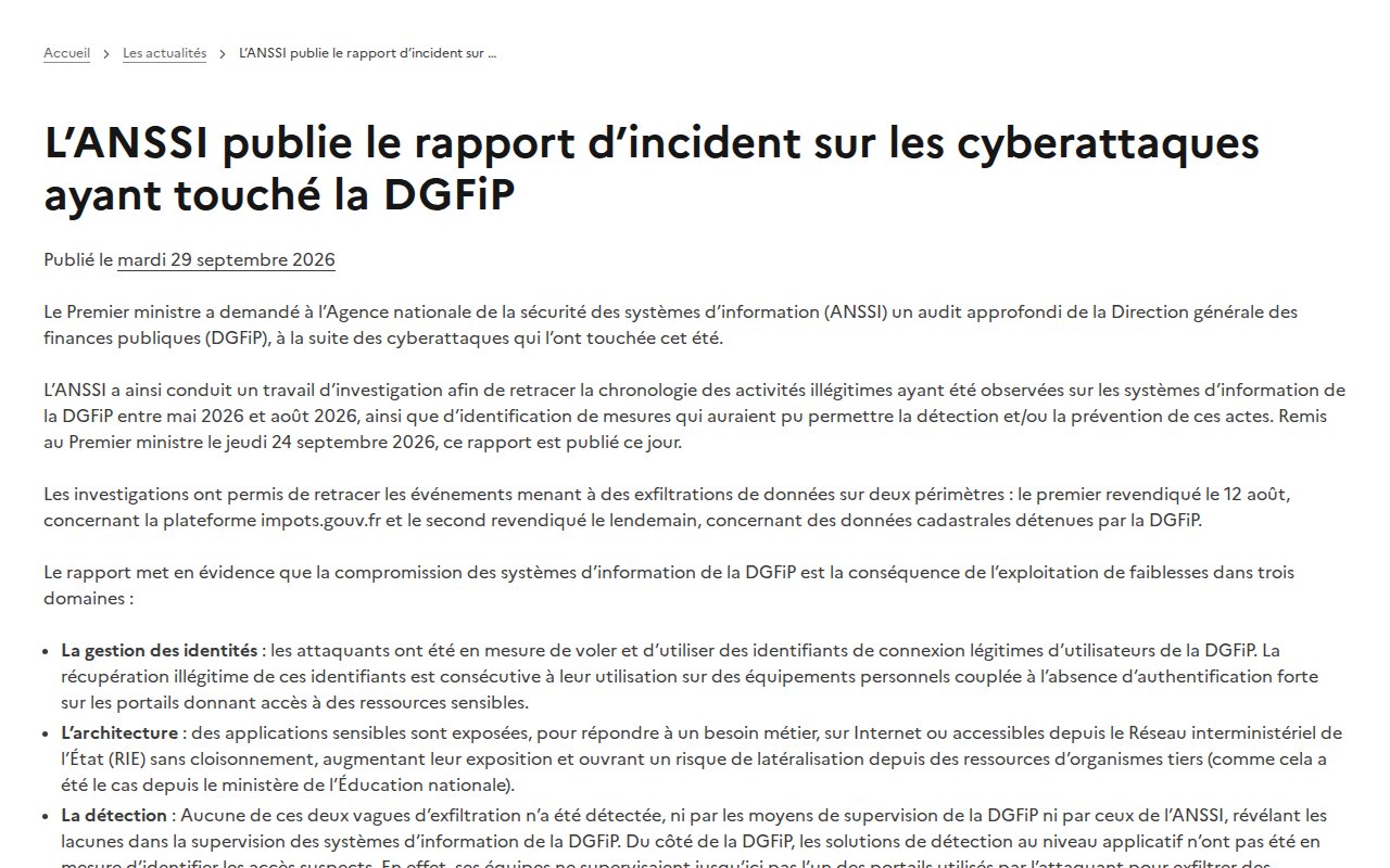 Page de cyber.gouv.fr annonçant le rapport d'incident de l'ANSSI sur la DGFiP, publiée le mardi 29 septembre 2026