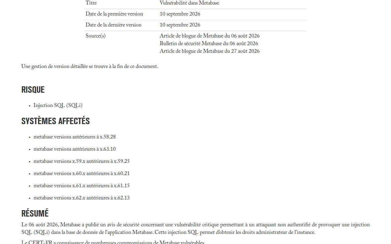Alerte CERTFR-2026-ALE-010 du 10 septembre 2026 sur cert.ssi.gouv.fr : injection SQL dans Metabase et liste des versions affectées