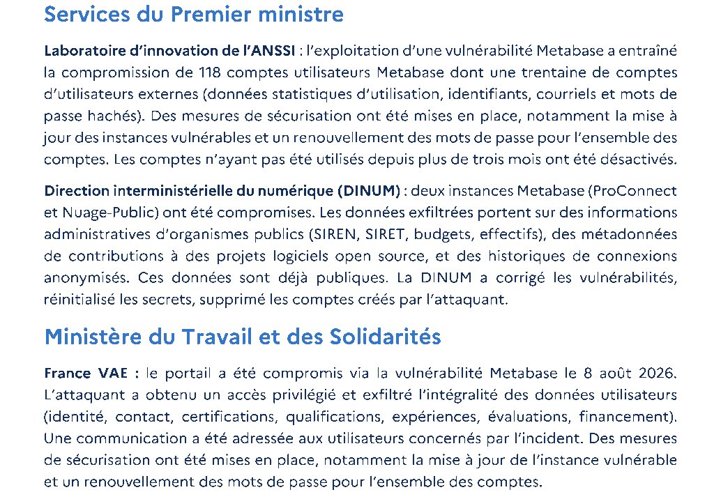 Extrait de la page 8 du point de situation REACTIV de septembre 2026 : laboratoire d'innovation de l'ANSSI, Dinum et France VAE compromis via Metabase