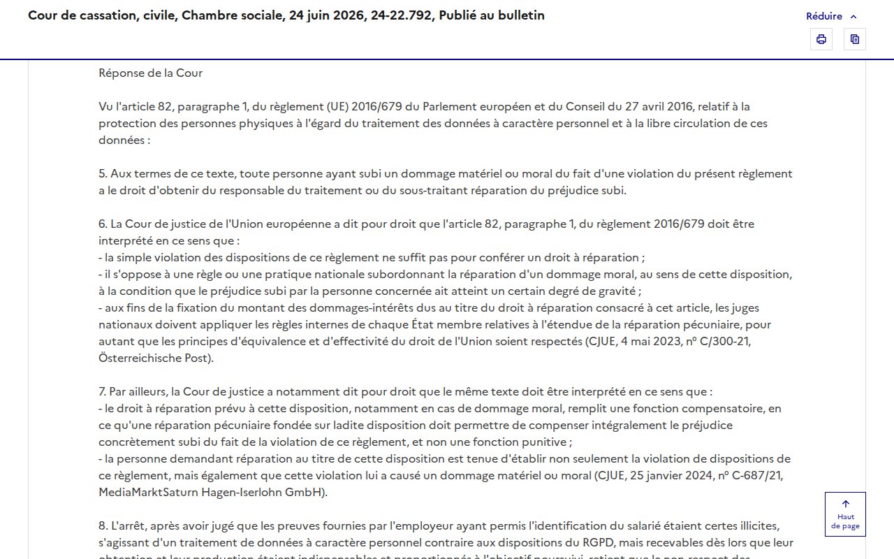 Arrêt de la chambre sociale de la Cour de cassation du 24 juin 2026, pourvoi 24-22.792, rendu au visa de l'article 82 du RGPD, sur Légifrance