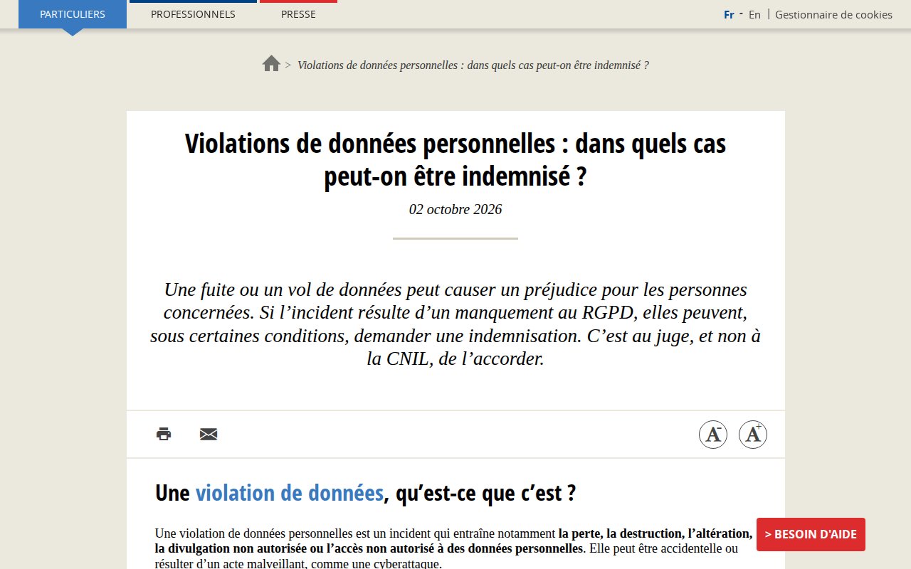 Fiche de la CNIL du 2 octobre 2026 : violations de données personnelles, dans quels cas peut-on être indemnisé, c'est au juge et non à la CNIL de l'accorder