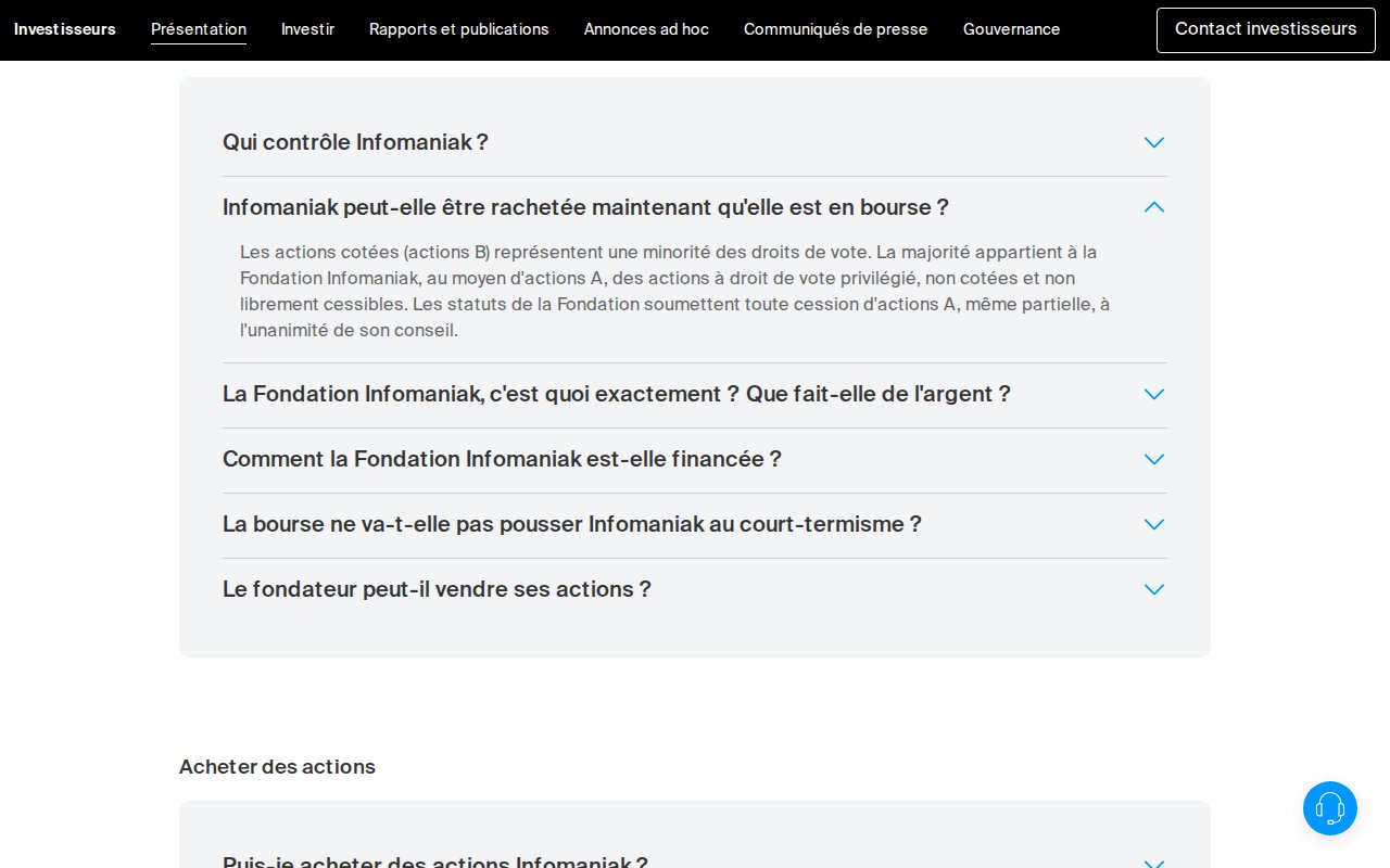 Page investisseurs d'Infomaniak : les actions B cotées représentent une minorité des droits de vote, la majorité appartient à la Fondation Infomaniak au moyen d'actions A