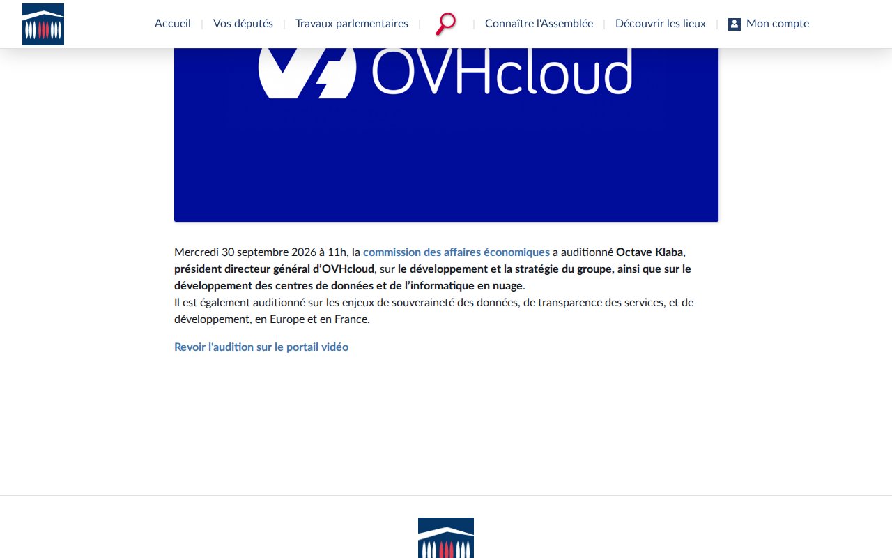 Page de l'Assemblée nationale annonçant l'audition d'Octave Klaba, PDG d'OVHcloud, par la commission des affaires économiques le mercredi 30 septembre 2026 à 11 h