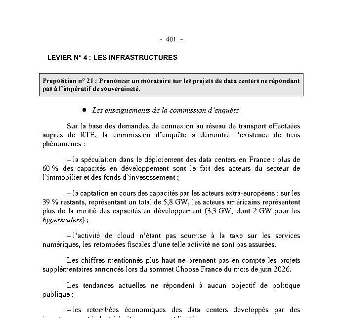 Page 401 du rapport d'enquête n° 3054 de l'Assemblée nationale : proposition n° 21, moratoire sur les projets de data centers ne répondant pas à l'impératif de souveraineté