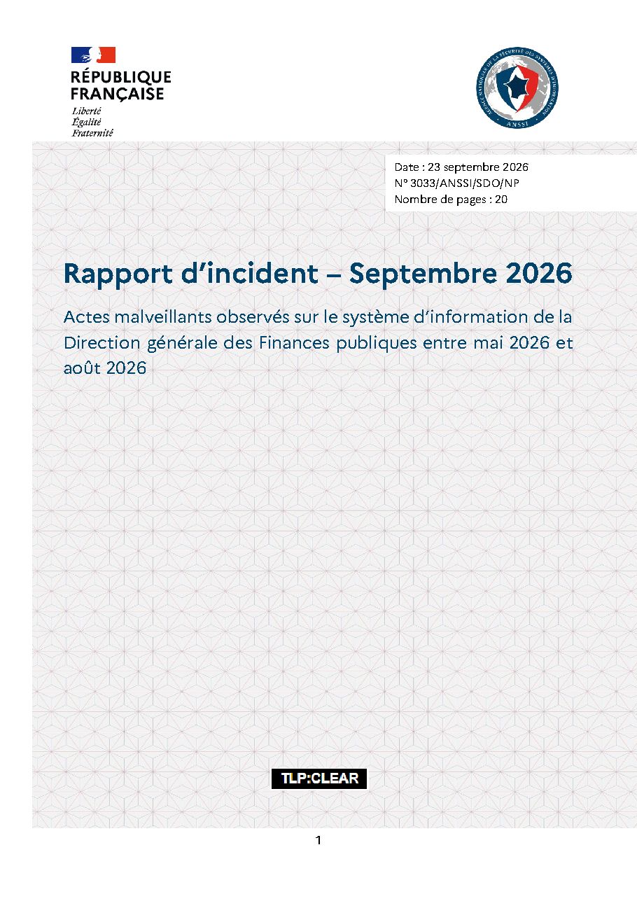 Première page du rapport d'incident de l'ANSSI n° 3033/ANSSI/SDO/NP du 23 septembre 2026, marqué TLP:CLEAR
