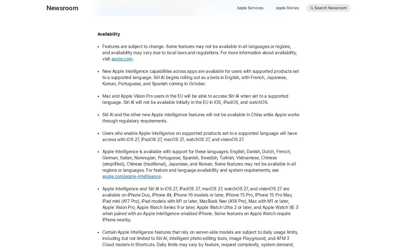 Page Apple Newsroom du 14 septembre 2026 : Siri AI accessible dans l'UE sur Mac et Apple Vision Pro, pas initialement sur iOS, iPadOS et watchOS
