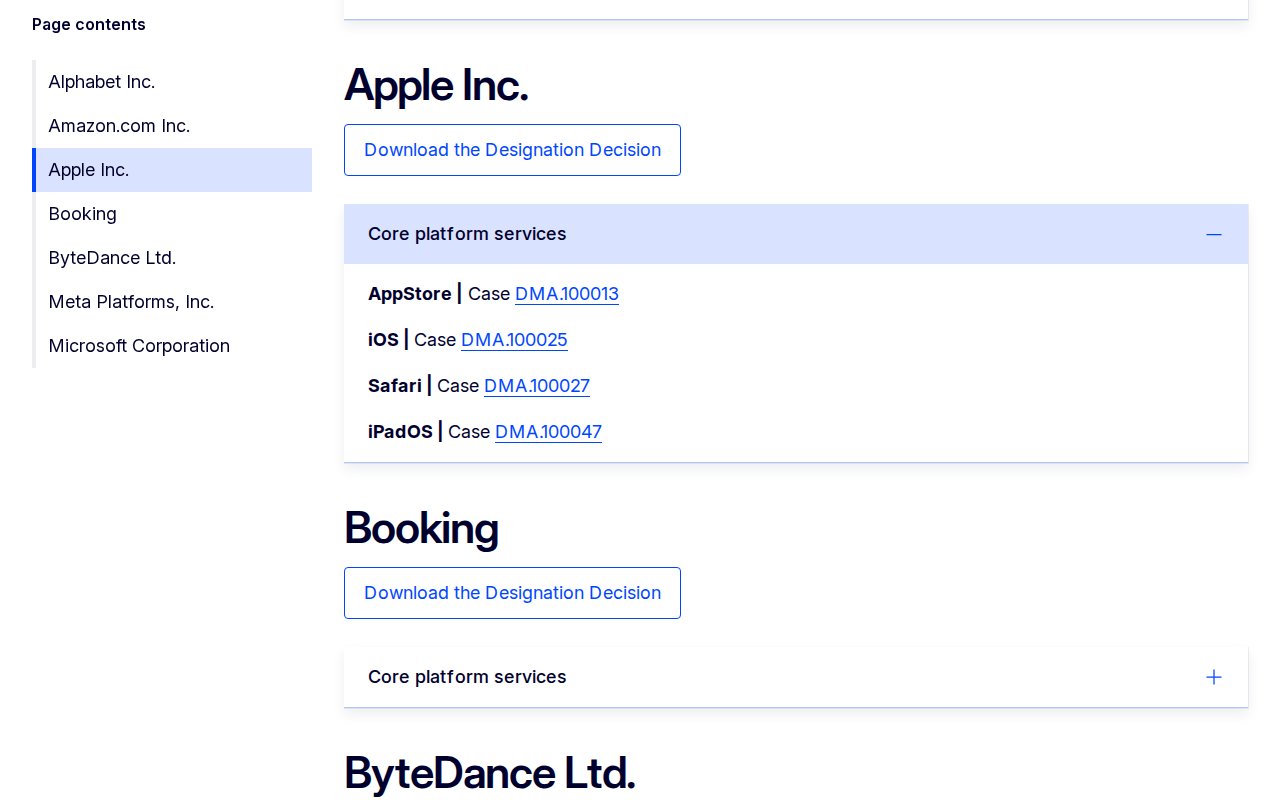 Portail des contrôleurs d'accès du DMA : services de plateforme essentiels désignés d'Apple, App Store, iOS, Safari et iPadOS