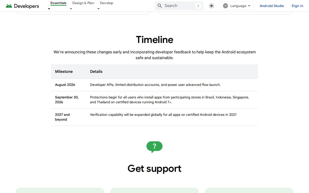 Calendrier de la vérification des développeurs Android sur developer.android.com : août 2026, 30 septembre 2026, 2027 et au-delà