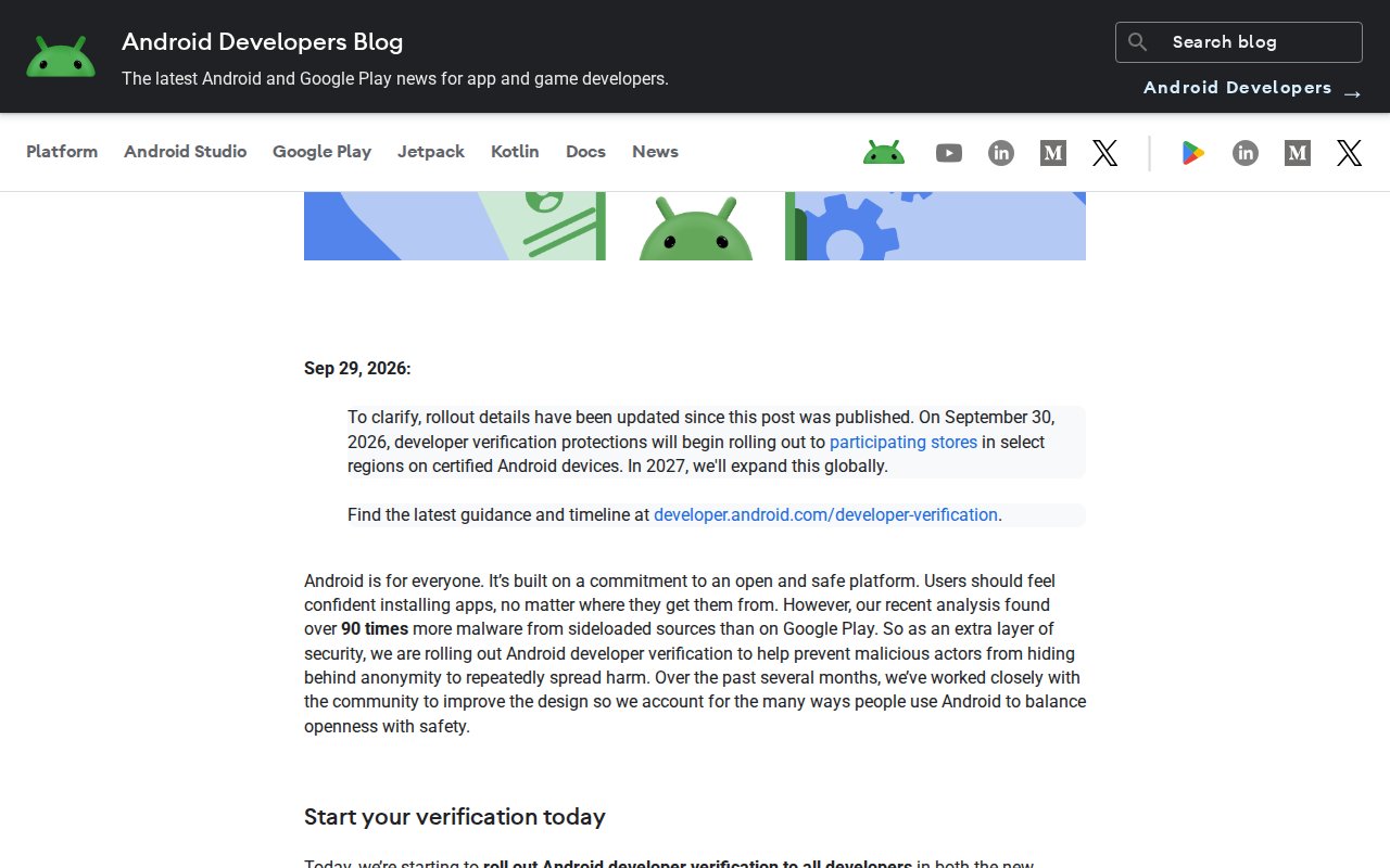 Note datée du 29 septembre 2026 en tête du billet du blog Android Developers du 30 mars 2026 sur la vérification des développeurs